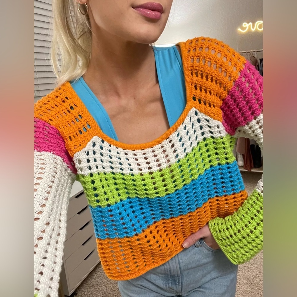 Colorful Striped Square Neck Pointelle Pullover Knit Sweater Size XL Wild Fable - Picture 6 of 11